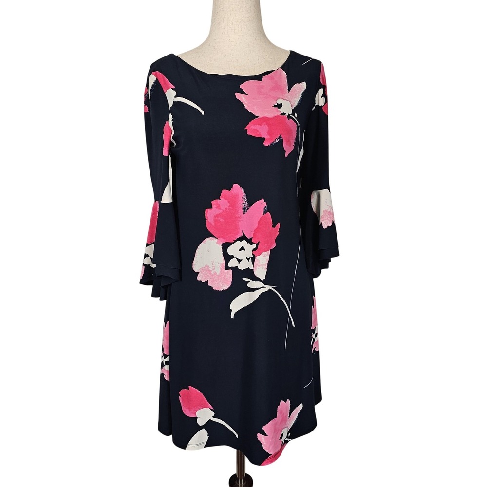 Lauren Ralph Lauren Dress Womens 4P Navy Pink Floral Bell Sleeve Shift Dressy